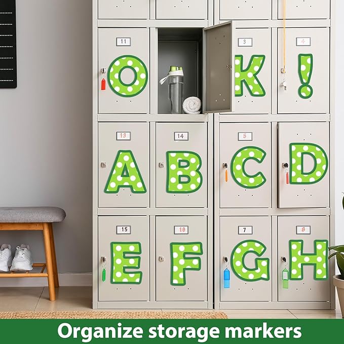 Qyeahkj 150 PCS Large 7" Font Bulletin Board Letters Punctuation Cutouts Combo Green Letters with White Polka Dots Border Decor for Classroom Alphabet Poster Wall Bulletin Board Display Home School
