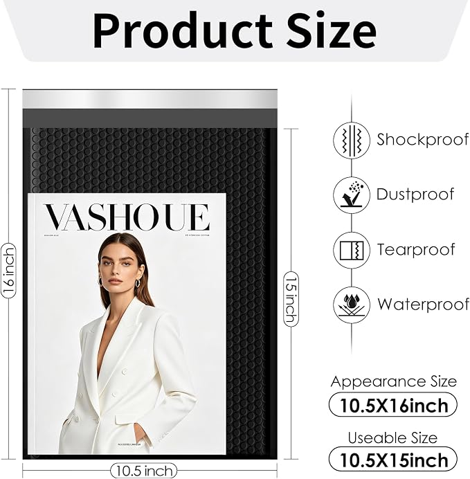 packbabol Bubble Mailers 10.5x16" 40 Pack Black Padded Envelopes Waterproof Usable Size 10.5x15 Self-Seal Padded Mailing Envelopes Bubble Opaque Padded Mailer for Small Businesses， Envelope Mailers#5