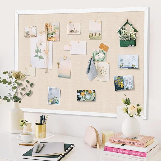 Large Bulletin Board 48x36 inch with Linen Cork Boards Wall Decor Hanging Pin Wood Framed Display Bulletin Cork Photo Picture Board Light for Room School Office 30-Pushpin White
