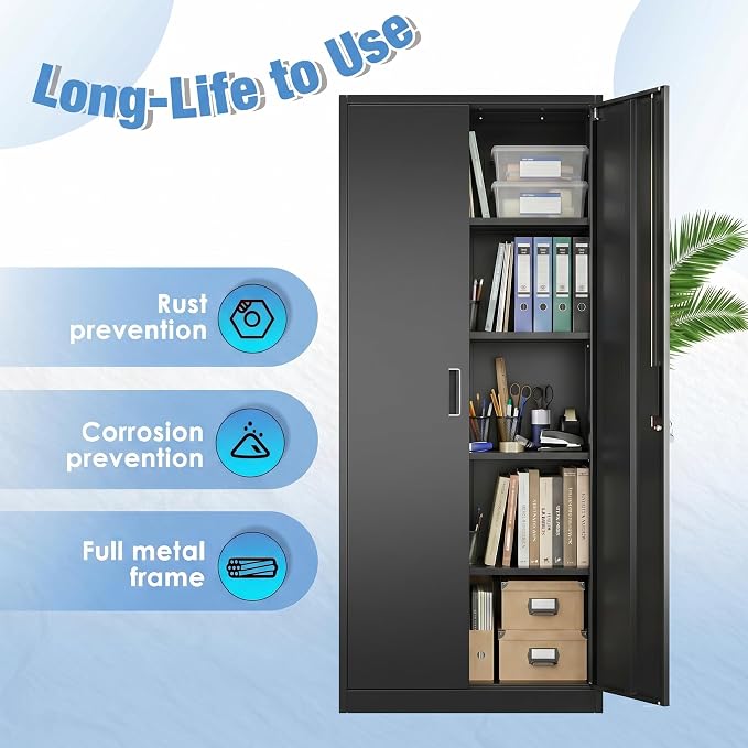 Metal Storage Cabinet with Doors and Shelves, 71" H Locking Steel Garage Cabinet for Home Office Studio Pantry,Tall Tool File Cabinet Black, Assembly Require
