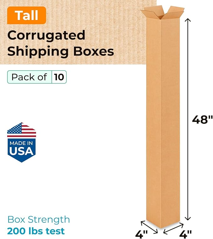 Tall Moving & Shipping Boxes 4x4x48 inches (10-Pack) - Extra Strength 200 lb vs Regular - USA-Made Corrugated Packing Boxes for Moving - Carton Box for Moving - Moving Supplies Box by IDL Packaging