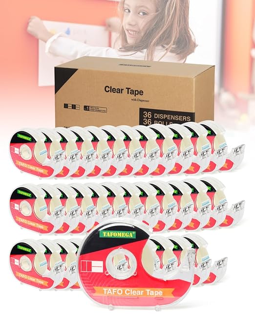 Clear Tape with Dispenser, 0.7" x 1000", 36 Pack, for Office & School | Smooth cutting dispenser, crystal clear for wrapping and repairing, strong adhesion for projects, lightweight