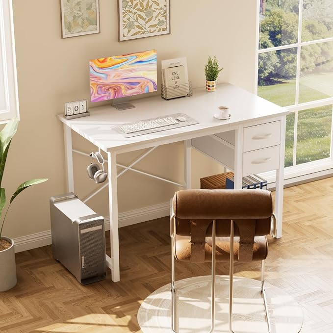 Sweetcrispy 47-Inch Computer Desk with Drawers, Office Desk, White | Small Desk for Bedroom Home Office with Side Hook, Modern Simple Desk with Storage for Writing