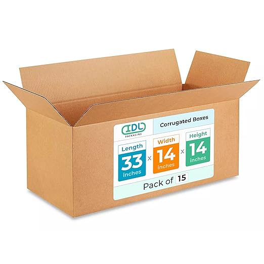 IDL Packaging B-331414-15 Large Corrugated Moving Boxes 33"L x 14”W x 14"H (Pack of 15) - Excellent Choice of Strong Packing Boxes for Moving or Relocating | Extra Strength 200 lb vs Regular - Corrugated Packing Box for Moving - Durable Cardboard Box -...