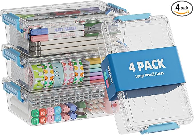 BiuLeon 4 Pack Extra Large Pencil Box, Plastic Pencil Case Organizer, Clear Crayon Box Marker Organizer, Stackable Craft Organizers and Storage for Pen, Craft, Art Supply(Blue)