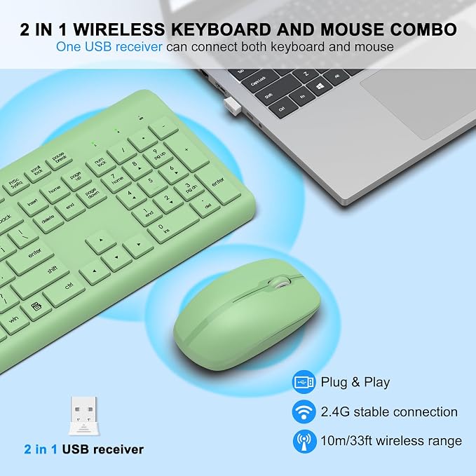 Wireless Keyboard and Mouse Combo, Full-Size Silent Ergonomic Keyboard and Optical Mouse, Long Battery Life, 2.4G Lag-Free Mice Keyboard for Computer,Mac,Laptop,PC,Windows(Avocado Green)
