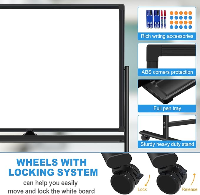 Magnetic Mobile White Board, Double-Sided 40"x28" Dry Erase Board with Stand, Portable Rolling Whiteboard on Wheels with 2 Eraser, 6 Markers, 20 Magnets
