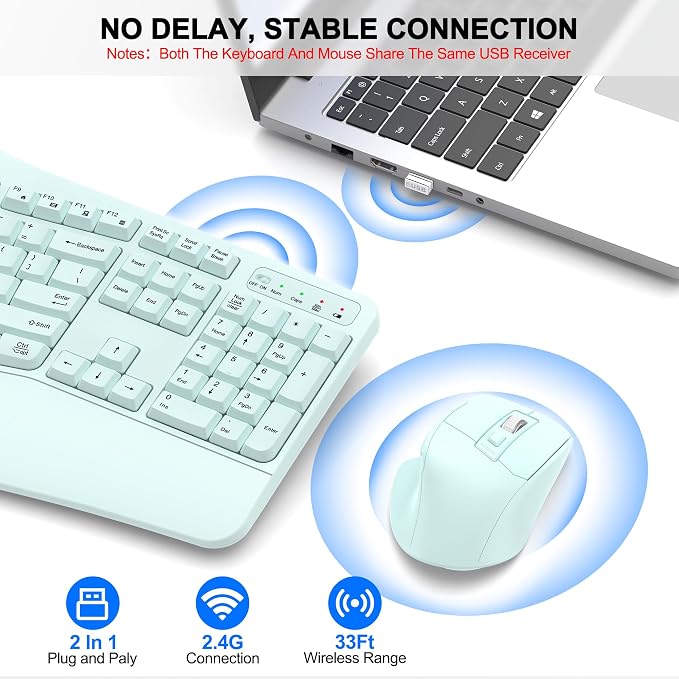 Wireless Keyboard and Mouse Combo, 2.4G Ergonomic Wave Key(Mint Green) | Full Size Wave Keyboard with Wrist Rest, 3-Level DPI Adjustable Ergonomic Mouse for Windows and Mac OS Desktop/Laptop/PC