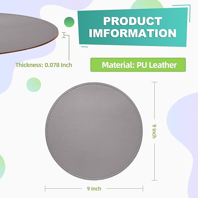 Mouse Pad，Round Mouse Pad，PU Mouse Pad，Leather Mouse Pad with Stitched Edge Micro-Fiber Base with Non-Slip Waterproof，Mouse Pad for Computers，Laptop，9 x 9 Inch (Silver Gray)