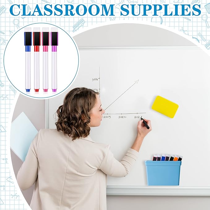 Boao Magnetic Dry Erase Marker Holder 10 Pcs Colorful Magnetic Markers Set with Eraser Whiteboard Plastic Pen Cup for Organization Supplies Refrigerator Accessories(Simple)