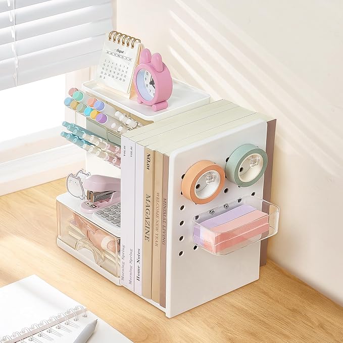 Sooez Desk Organizer with Bookends, Pegboard & Drawer, Pen & Pencil Holder | Desk Accessories with 5 Compartments, Teacher School Office Supplies, Dorm Room Organization Storage for Sticky Notes, Pink