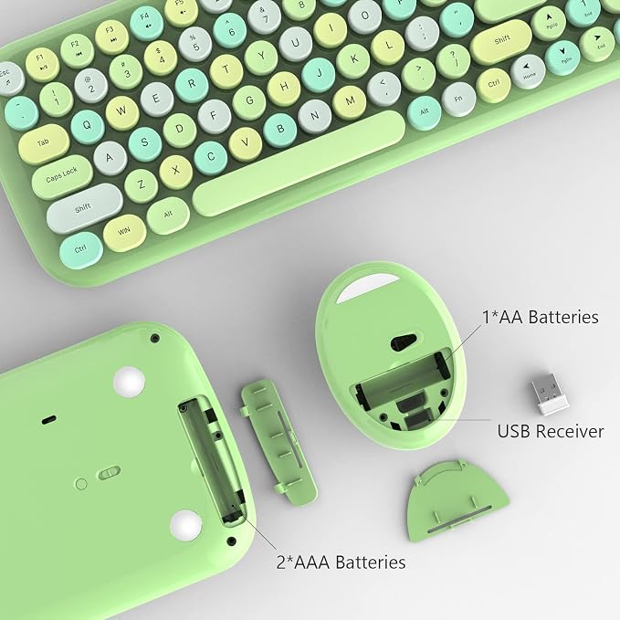 MOFII Wireless Keyboard and Mouse Combo, 2.4GHz Retro Typewriter Keyboard and Cute Mouse for Computer PC Desktops Laptop Windows(Green Mix)