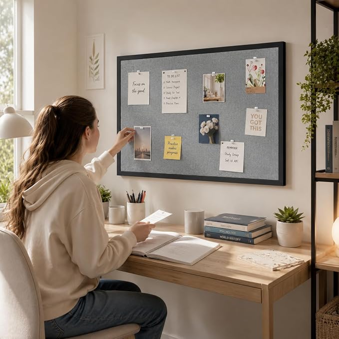 20"x30" Black Framed Grey Linen Bulletin Board, Pin Board | Linen corkboard texture. Premium cork boards for walls and pin board office organizer.