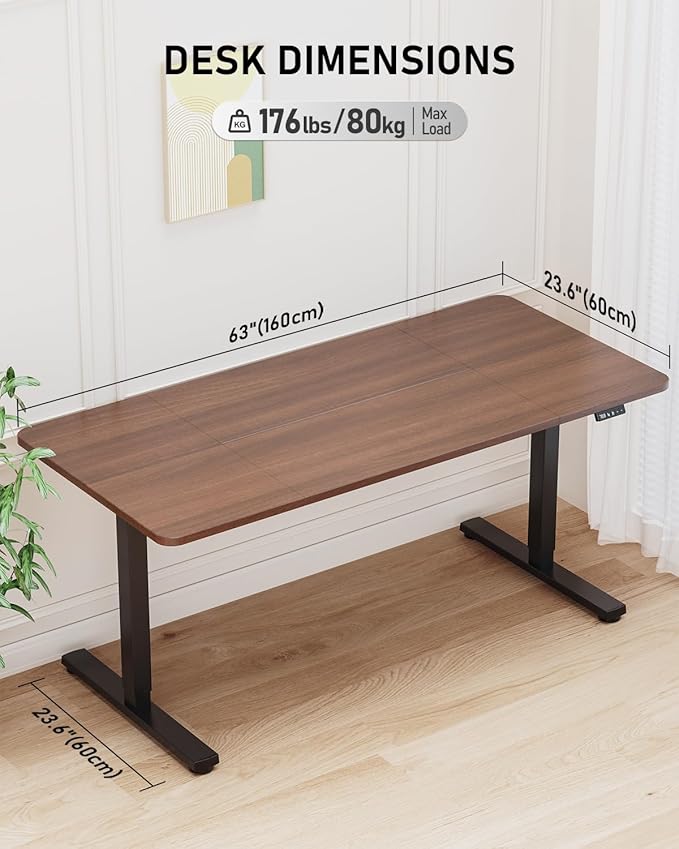 Standing Desk, Large Height Adjustable Electric Stand up Desk, 63 x 24 Inches Sit Stand Home Office Desk, with Splice Board, Black Frame/Walnut Top