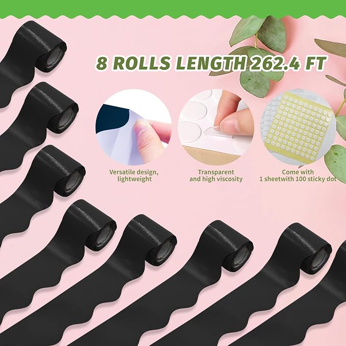 8 Rolls 262.4 Ft Bulletin Board Borders - Black Scalloped Borders Bulletin for Classroom, School & Office Decor - Black Bulletin Board Trim Paper