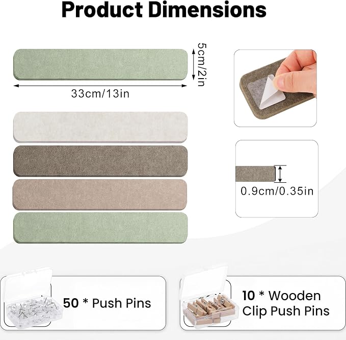 Thboxes 8 Pack Felt Bulletin Board Strips, 13x2 Inch Pin Boards with 50 Pushpins and 10 Wooden Clips Push Pins, Cork Board for Walls Home Office Decor, 24 Adhesive Tabs Included