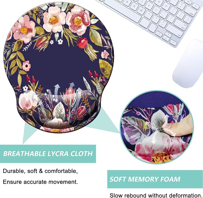 Mouse Pad with Wrist Support, Ergonomic Mouse Pad with Memory Foam Wrist Rest Cushion, Non-Slip Rubber Base Gaming Mice Pad for Home Office Computer Laptop, Flower Wreath