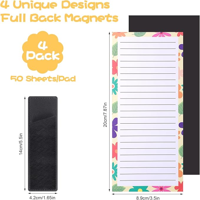 4 Pack Magnetic Note Pad for Fridge with Pen Holder, Totally 200 Sheets Grocery List Magnet Pad for Refrigerator Magnetic Shopping List Pad（Floral Design）