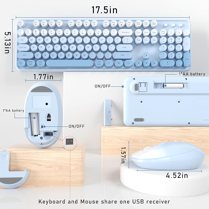 Links9+ Colorful Wireless Keyboard and Mouse Combo (Blue Gradient) | Full-Size Retro Typewriter Style Keyboard with Vintage Round Keycaps, 2.4G Wireless Set for Windows, Mac, Laptop, PC, Tablet
