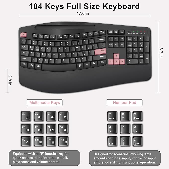 Wireless Keyboard and Mouse Combo, Full Size Ergonomic Wave Keys(Pink-B) | 2.4G Ergonomic Keyboard with Wrist Rest, Phone Holder, 3-Level DPI Silent Mouse with 6-Buttons, for Windows/Mac OS/Laptop/PC
