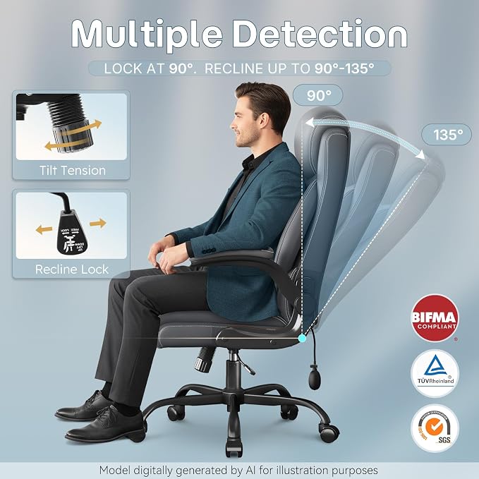 Ergonomic Office Chair, Big and Tall Office Chair, Executive Chair- Padded Leather Comfy Chair with Adjustable Lumbar Support & Flip-Up Arms, Rocking Swivel Chair for Home Office,Gray