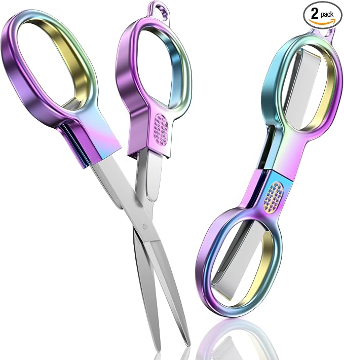 2 Pcs Folding Stainless Steel Portable Mini Travel Scissors, Safety Foldable Pocket Badge Small Scissors All Purpose for Travel, Home, Office, Craft, Sewing, Nurse Accessories