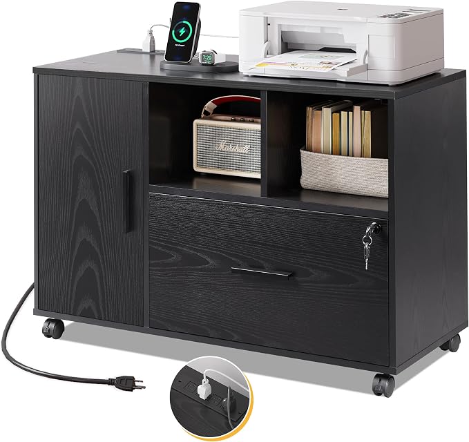 DEVAISE Printer Stand with Storage, Mobile Wood File Cabinet, Black | Locking & Charging Station, Lateral Rolling Filing Cabinet, Doors and Shelves, Fits Legal/letter/A4, for Home Office, Study