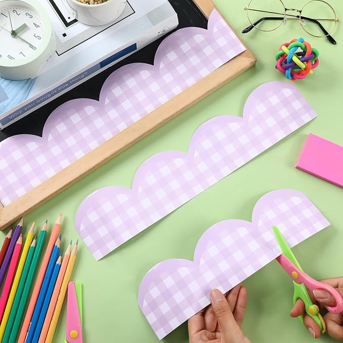 Zonon 65ft Purple Gingham Bulletin Board Border Pastel Scalloped Bulletin Board Trim Back to School Classrooms Decoration for Party Whiteboard, Walls, Desks, Windows, Doors, Lockers