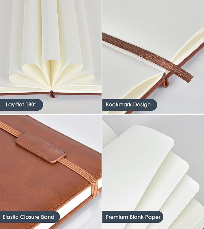 Blank Journal Notebook for Women Men, Hardcover Leather Sketchbook 5.7"×8.3", 140 Pages Unlined Sketch book for Drawing, Writing, Travel, School & Work, Journaling Notebooks (Brown)