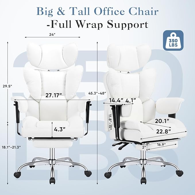 Big and Tall Office Chair 350 LBS, Scratch-Resistant PU Leather Executive Office Desk Chair with Footrest, Ergonomic Reclining Computer Chair with Pocket Spring Support for Home Office, Beige