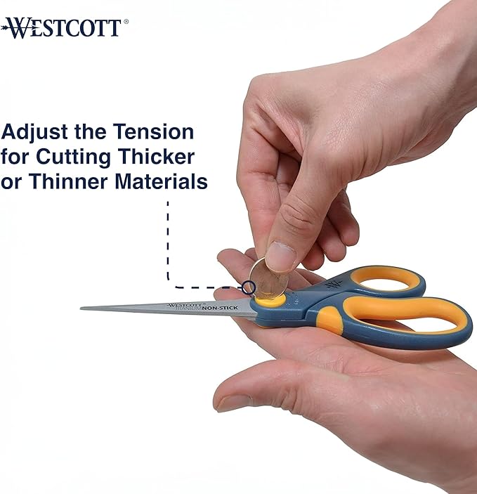 Westcott 8-Inch Non-Stick Titanium Scissors For Office and Home - Glide Adjust Technology - Grey/Yellow Craft, Fabric Scissors - 3 Pack