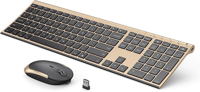 Vssoplor Wireless Keyboard and Mouse, Rechargeable Ultra Slim, Black Gold | Quiet Full-Size Keyboard and Mouse Combo Set, for Laptop, PC, Notebook, Desktop, 2.4GHz Stable Connection, Ideal for Office