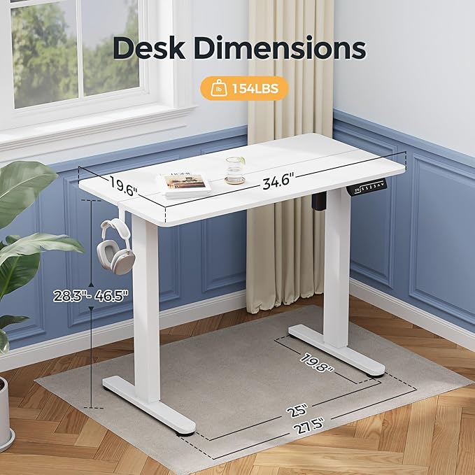 Small Standing Desk, 35" ×20" Electric White Standing Desk, Height Adjustable Compact Sit Stand Workstation with Splice Board, Home Office Desk with 2 Hooks