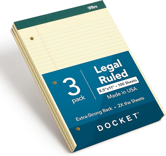 TOPS Docket Legal Pads, 3 Pack, Premium Note Pads, 100 Legal Ruled 8.5" x 11" Sheets, Canary Yellow Paper with Firm Back, Professional Legal & Office Notepads, 3 Hole Punched, 2X More Sheets, Proudly Made in the USA