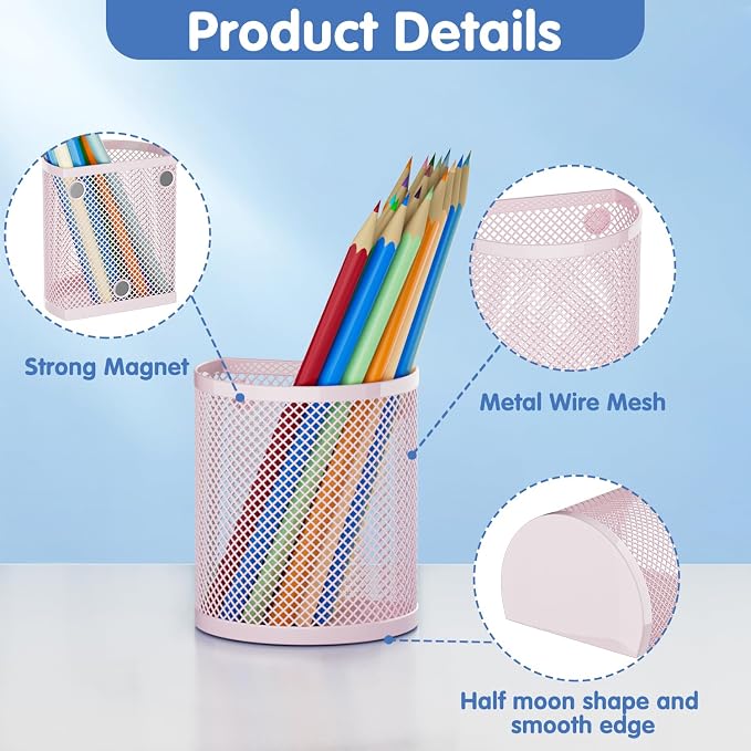 LUCYCAZ Magnetic Pen Holderr, 2 Pack Metal Stainless Steel Pen Basket | Locker Organizer Accessories, Powerful Magnet Pen Holder for Whiteboard,Refrigerator,Locker,Kitchen,Home,and Office Pink