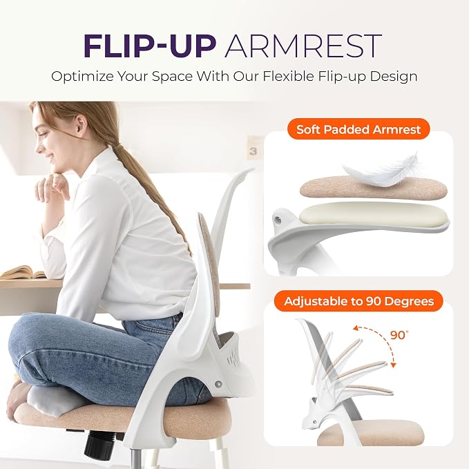 NEO CHAIR Office Desk Chair, Ergonomic Mesh with Flip-Up Armrests, Beige | Lumbar Support, Height Adjustment, 360° Swivel and Rolling Base, Space-Saving Design for Home Office, Vanity or Study