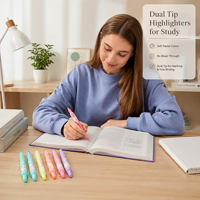 Double-Ended Highlighters Set 6 Pack, Bible Safe Gel Markers, Quick Dry, 6 Bright Colors for Journaling, Note Taking, Office Supplies