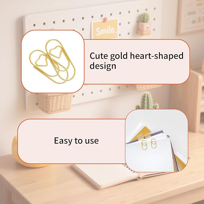 ADULLPONY 200Pcs Small Gold Heart Paper Clips - Mini Cute Metal Heart Shaped Paperclips for Office School Wedding Decorations Desk Organizer Supplies