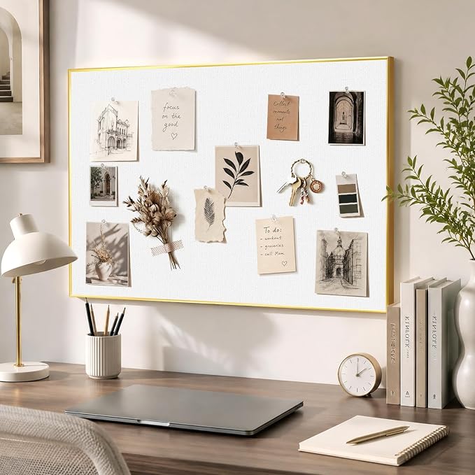 Linen Bulletin Board, 24"x18" Decorative Fabric Pin Board Vision Board | Gold Aluminum Frame, Upgraded White Canvas Surface, Wall Mounted, for Home Office Bedroom Dorm Wall Decor