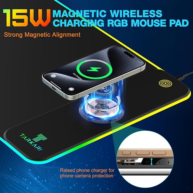 TARKARI Magnetic Wireless Charging RGB Mouse Pad, Large Gaming Desk Mat, 31.5"x11.8" Waterproof Mousepad, Ultra-Smooth Surface, Non-Slip Rubber Base, Desk Pad for Keyboard Laptop