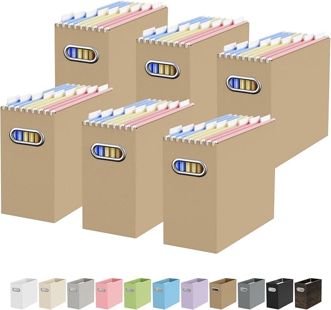 Portable Collapsible Cardboard File Box with Handle for Letter-Size | 6-Pack. Stainless Steel Handle. Label Stickers Included. Fits Letter Folders (Not Included). Home, Office, School, Dorm, Tax.