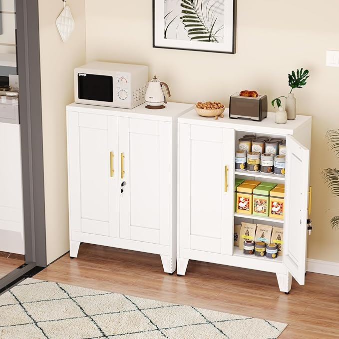 GAIOUS White Metal File Cabinet with Lock(Two Units), Steel Storage Cabient | with 2 Doors and 2 Adjustable Shelves, Multifunctional Locked Cabinet for Home/Office/Garage/Tool Room, Accent Furniture
