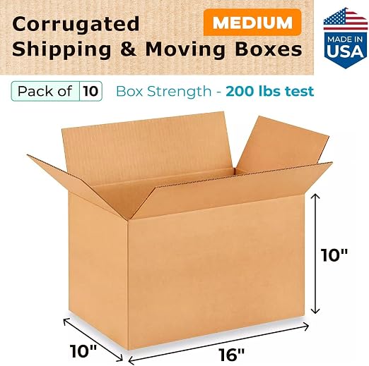 Medium Shipping & Moving Boxes 16x10x10 inches (10-Pack) - Extra Strength 200 lb vs Regular - Corrugated Packing Boxes for Moving - Cardboard Box, Made in USA - Packaging Box by IDL Packaging | Extra Strength 200 lb vs Regular - Corrugated Packing Boxe...