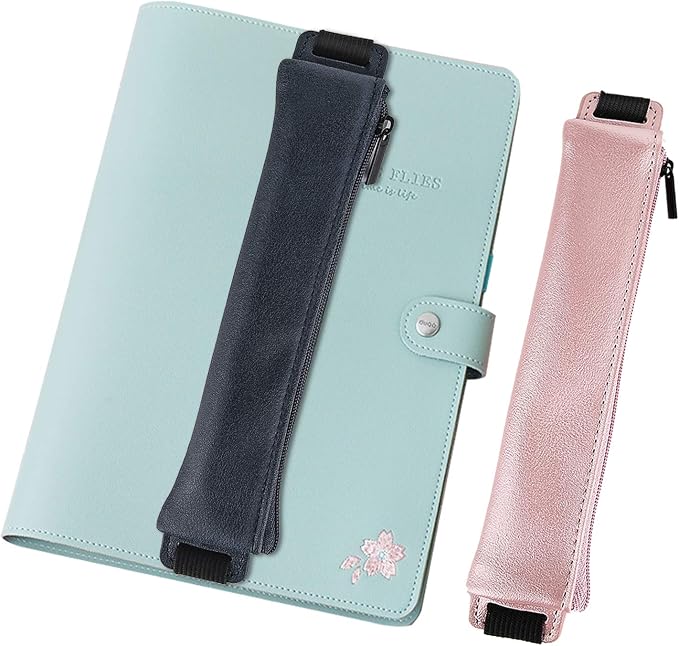 MoKo Elastic Pen Holder for Notebook, 2 Pack PU Leather Pouches | Zippered notebook pouch stores 3–4 pens and secures to hardcovers over 21 cm with an elastic strap; Gold Pink and Dark Blue.