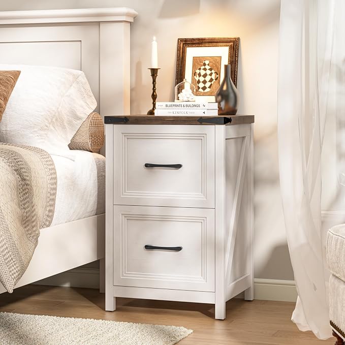 2 Drawer Vertical File Cabinet, Wood Farmhouse Cabinet, White and Brown | Filing Cabinet Fits A4/Letter Size, Under Desk Small File Cabinets Printer Stand with Storage for Home Office