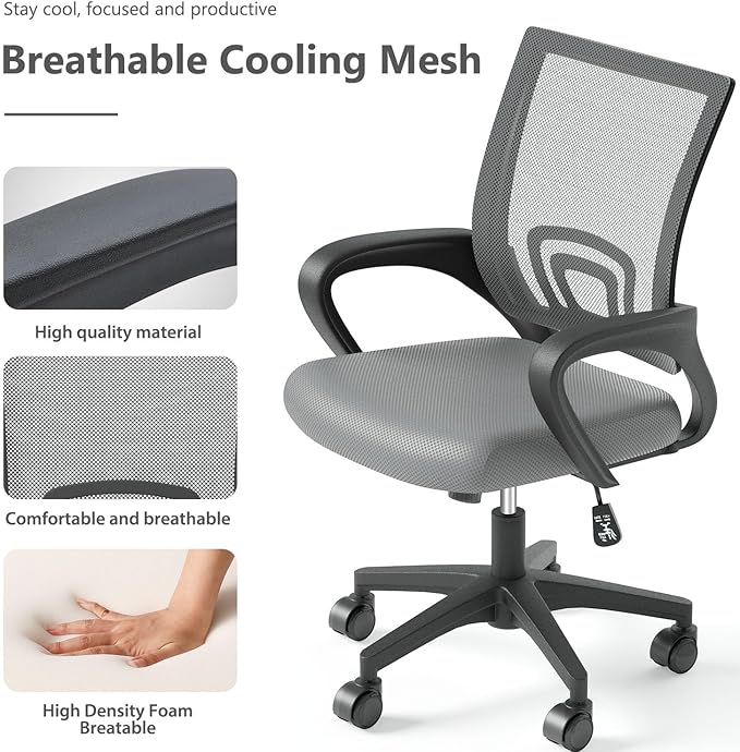 Home Office Chair, Ergonomic Mid-Back Mesh Desk Chair with Lumbar Support, Adjustable Swivel Rolling Design, Comfy Armrest for Work, Study, Gaming, Vanity (Light Gray, Double Chair)