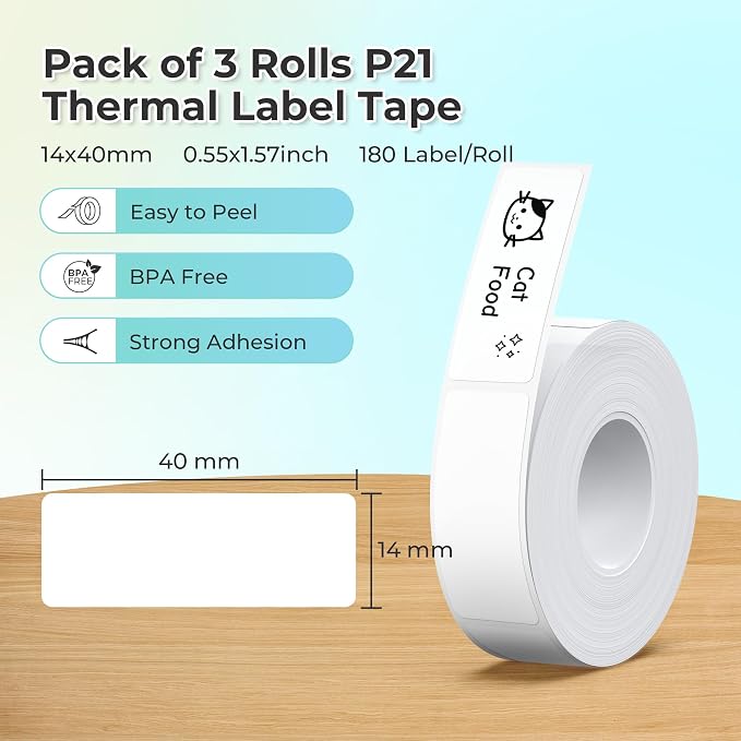 NELKO Genuine P21 Label Maker Tape,14x40mm, 3-Roll, White | Easy to Peel, BPA-Free, Strong Adhesion, Water-Resistant & Oil-Proof, Great for School, Office, Home, Kitchen, Black on White