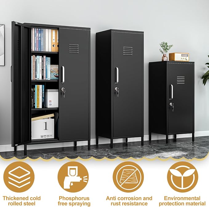 Metal Storage Locker,47" H Home Office Storage Lockers for Employees with 2 Locking Door ＆ 3 Adjustable Shelves,File Storage Cabinets forGarage, School, Office, Gym (Black)