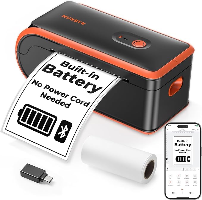 MUNBYN MC240 Bluetooth Thermal Label Printer, Portable Wireless 4×6 | Rechargeable battery, Bluetooth & USB connectivity, 4×6 label support, ink-free printing, built-in paper bin
