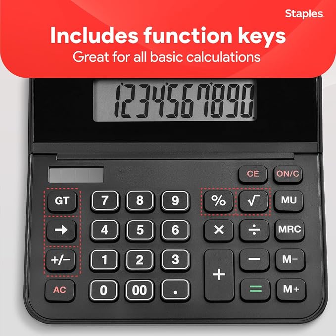 Staples 10-Digit Desktop Calculator, Solar/Battery, Large LCD | Basic financial functions in a compact design for everyday office use.